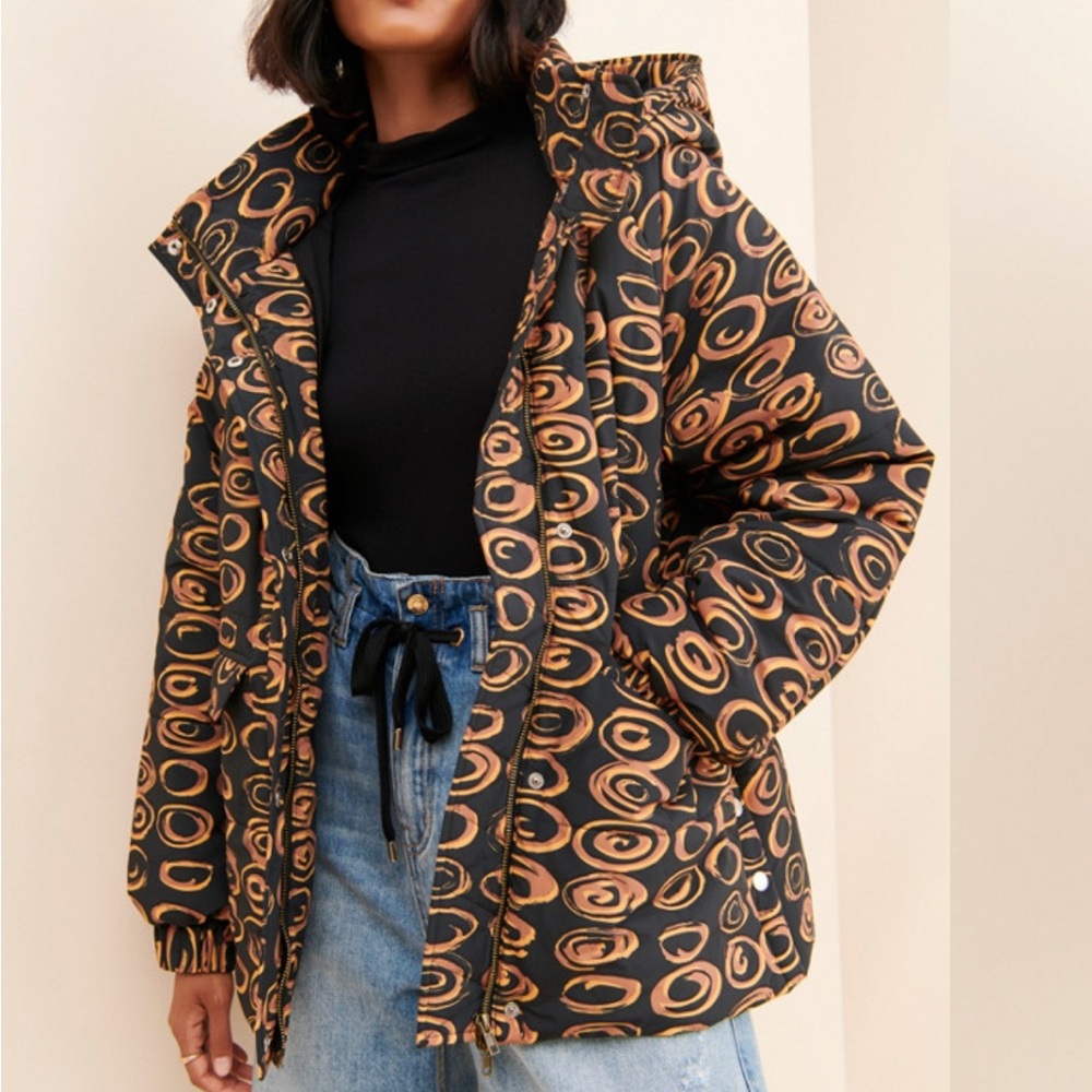 Find Me Now "Nova" Black Puffer Coat with Tan/Gold Swirl Print